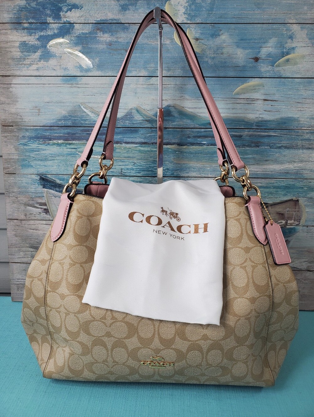 Coach Hallie Shoulder Bag In Signature Canvas Khaki / Pink Blossom F80298